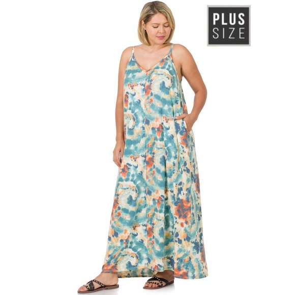 Zenana Outfitters Dresses & Skirts - Blue Tie Dye Soft French Terry Cami Maxi Dress Plus Sized 2X